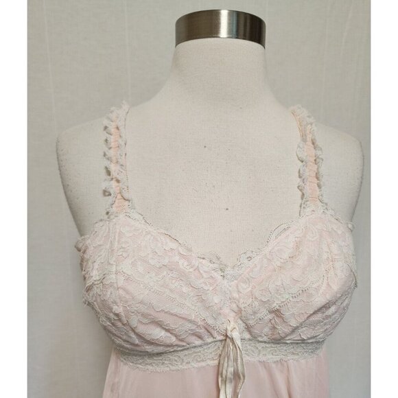 60s Vintage Pink Lace Semi Sheer Nylon Nightgown Lingerie Boudoir - Picture 2 of 8